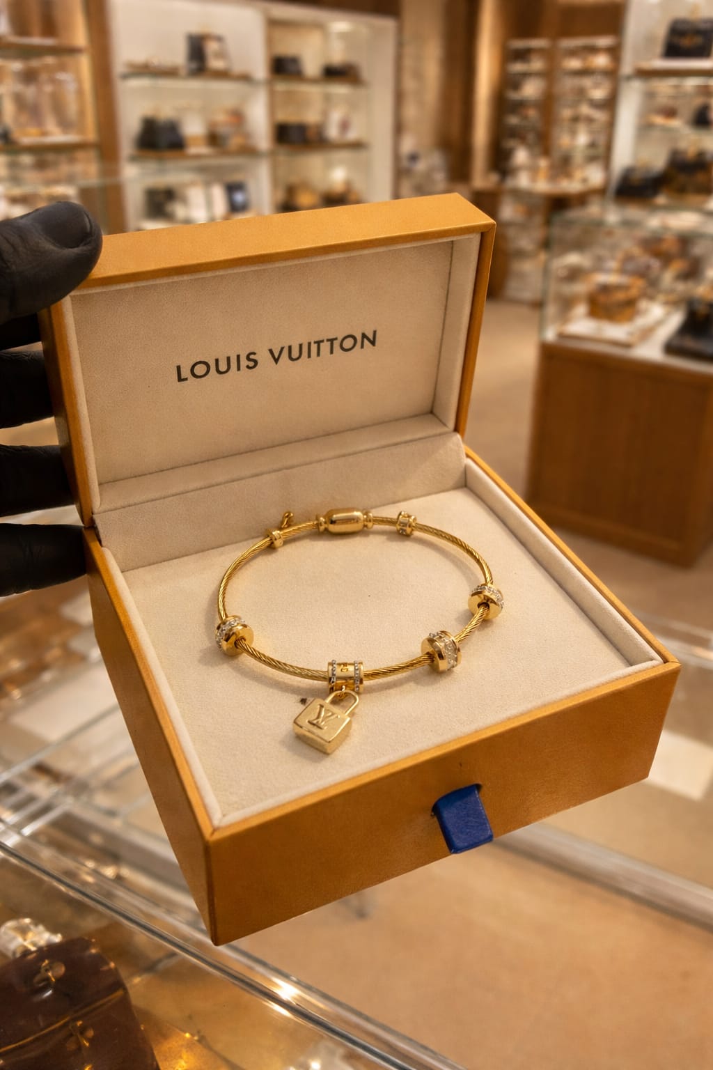 Luxury Gold Charm Bracelet with Lock Pendant – Elegant Crystal Bead Bangle