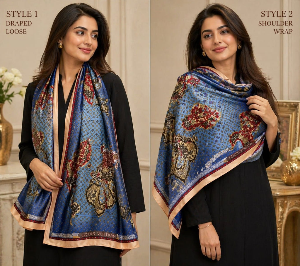 Printed Silk Scarf with Monogram & Chain Design – Elegant Square Shawl