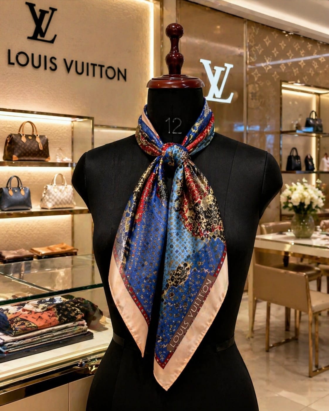 Printed Silk Scarf with Monogram & Chain Design – Elegant Square Shawl