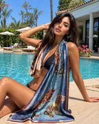 Printed Silk Scarf with Monogram & Chain Design – Elegant Square Shawl