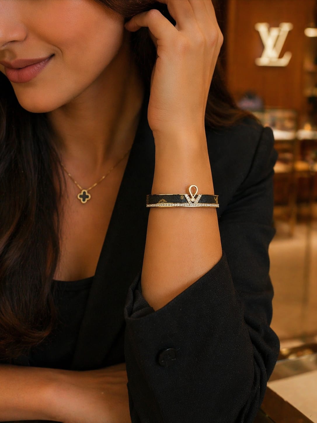 Gold Leather Inlay Bracelet with Crystal Detailing – Modern Statement Cuff