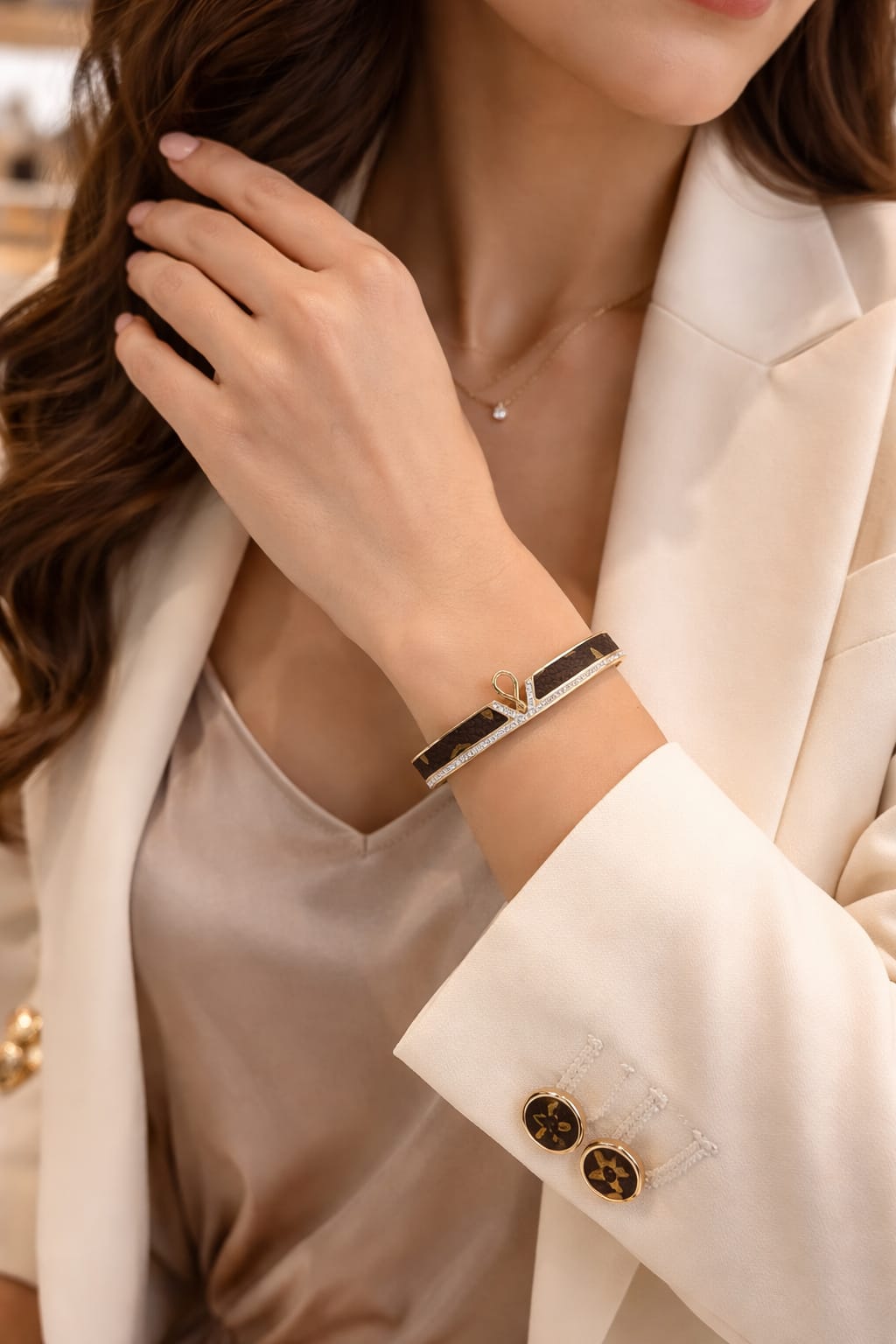 Gold Leather Inlay Bracelet with Crystal Detailing – Modern Statement Cuff