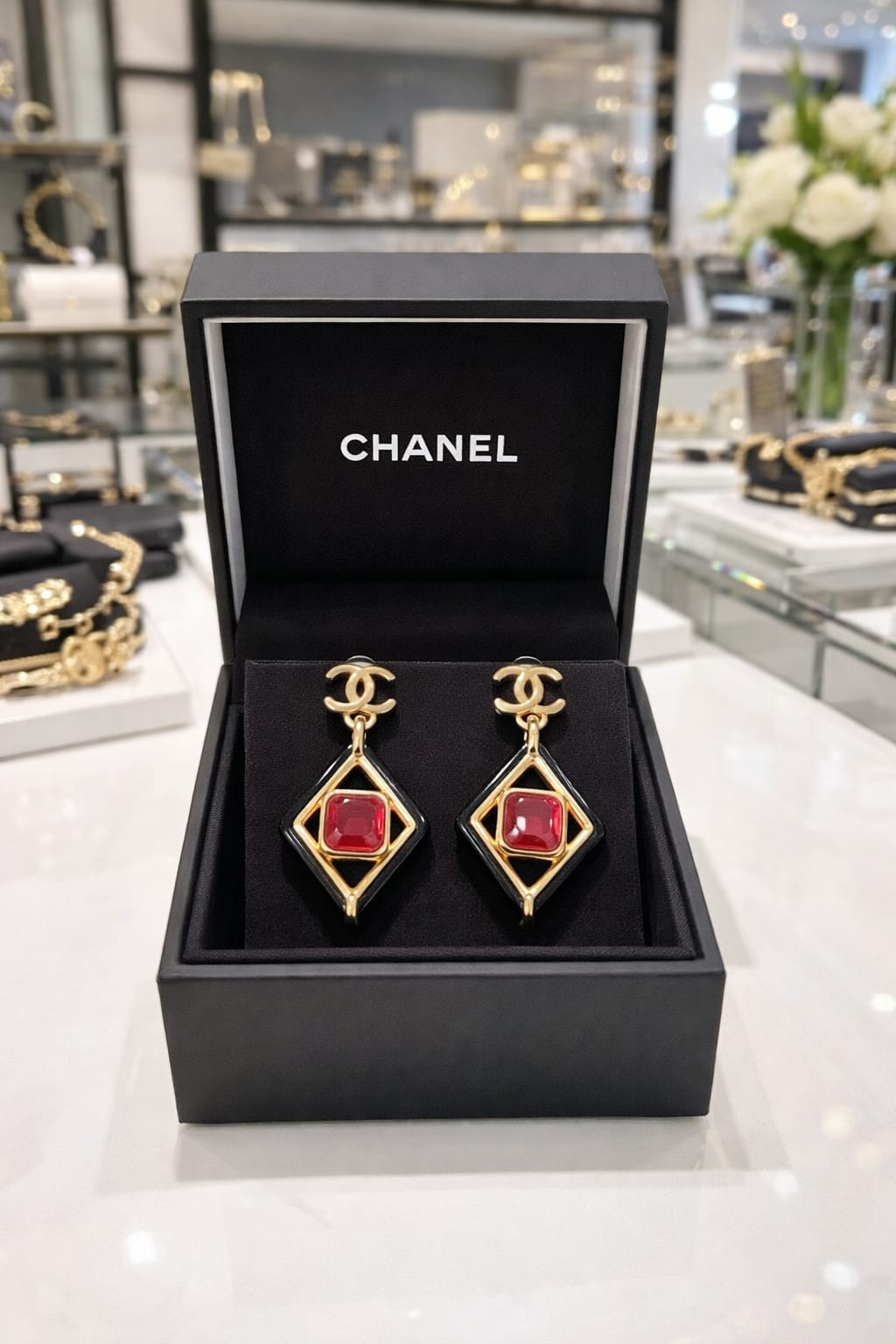 Gold-Tone Geometric Drop Earrings with Red Stone Accent