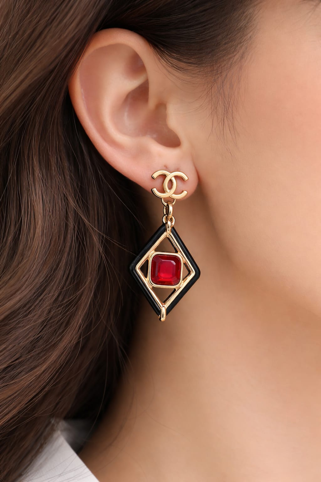 Gold-Tone Geometric Drop Earrings with Red Stone Accent