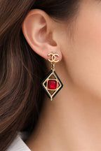 Gold-Tone Geometric Drop Earrings with Red Stone Accent
