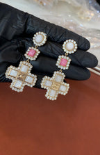 Elegant Multi-Stone Cross Drop Statement Earrings