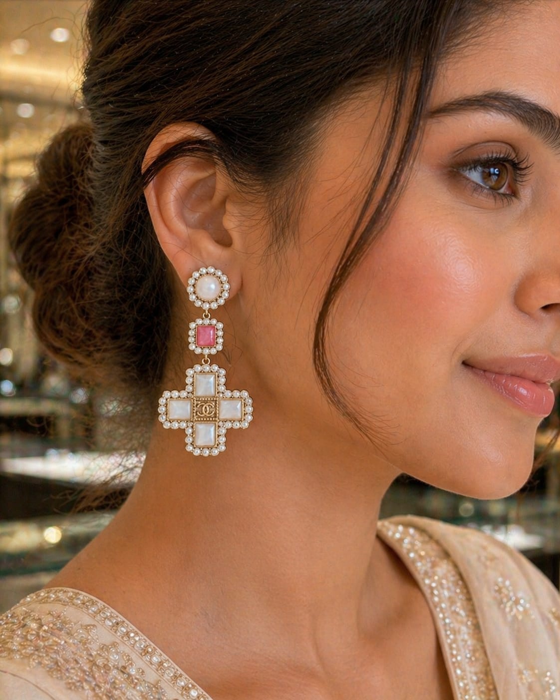 Elegant Multi-Stone Cross Drop Statement Earrings