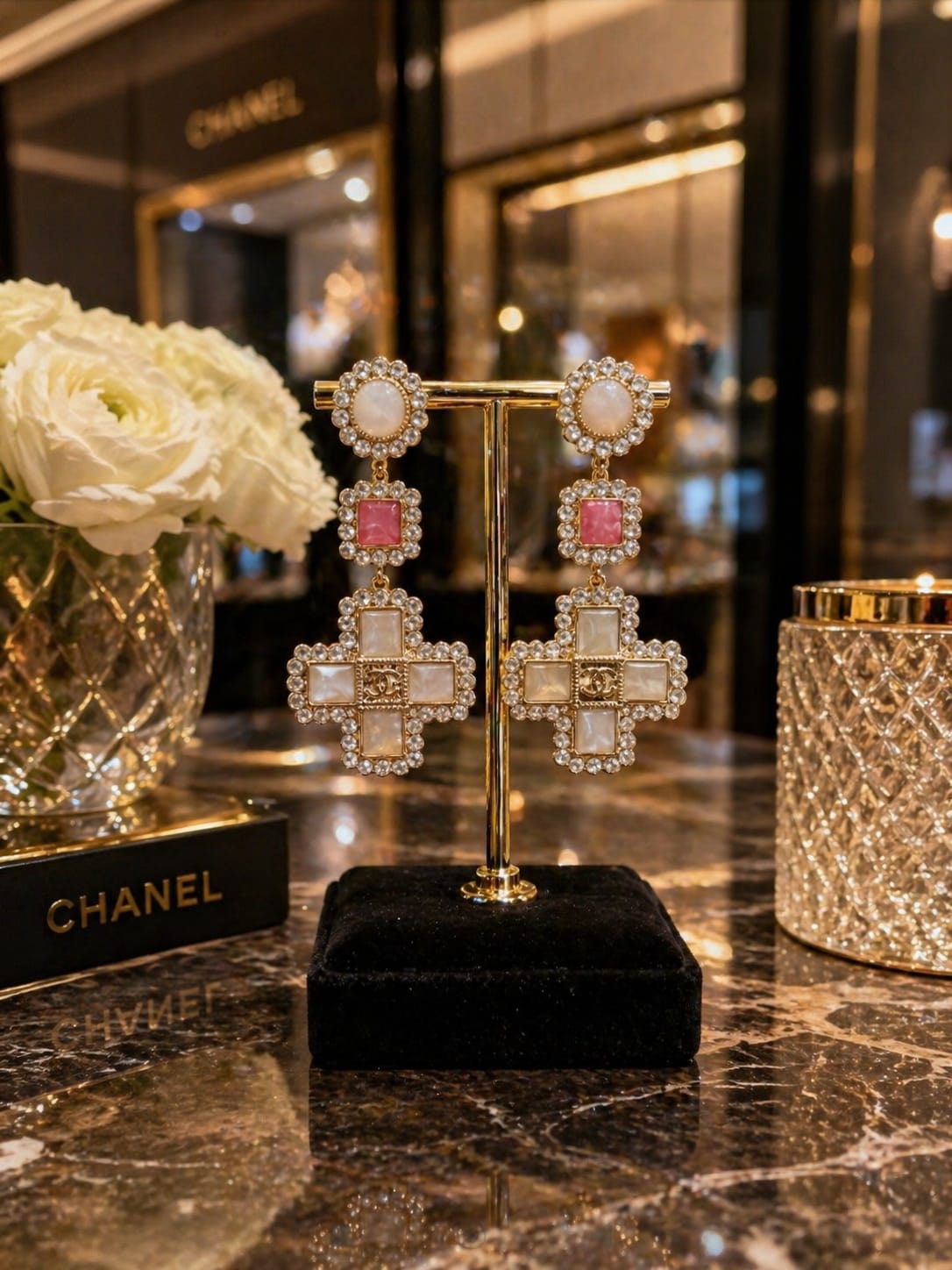 Elegant Multi-Stone Cross Drop Statement Earrings