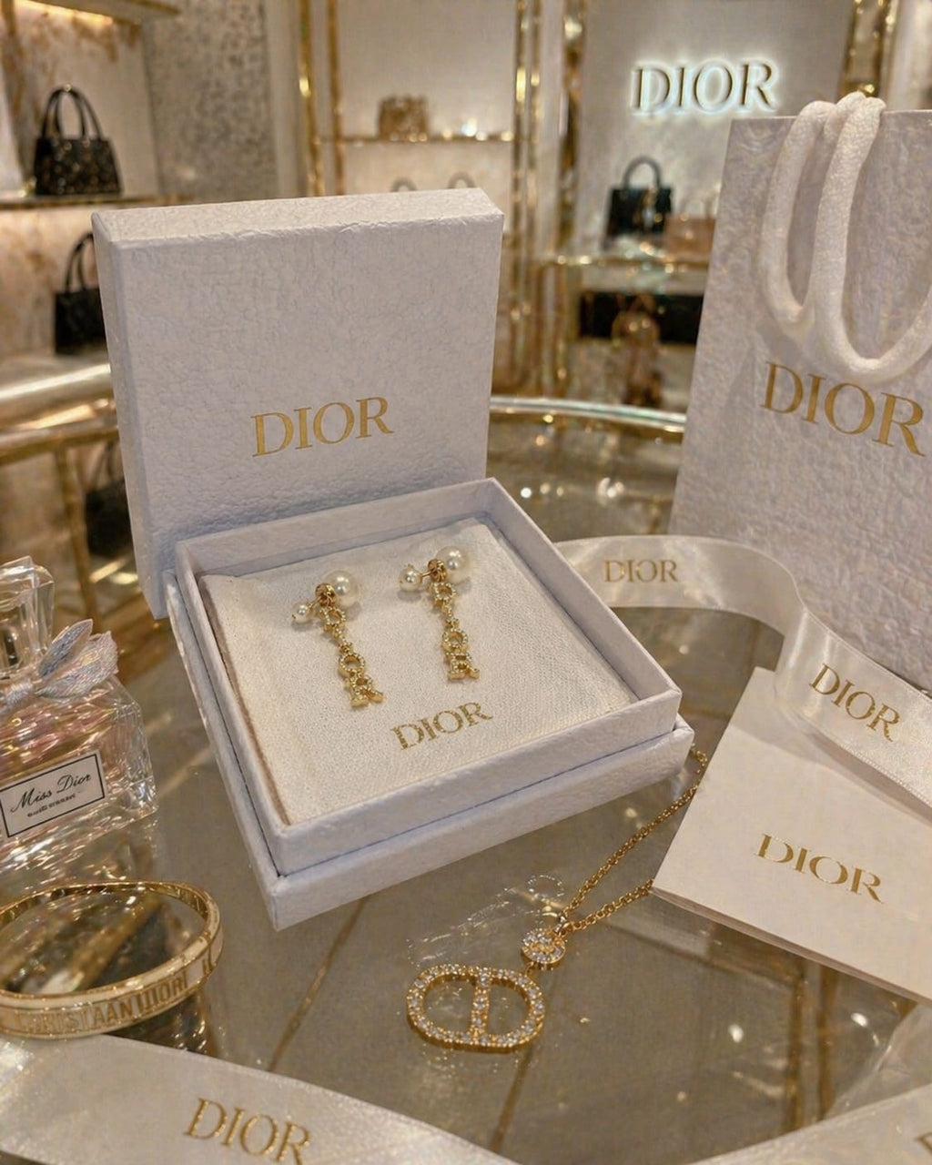 Gold-Tone Pearl Drop Earrings with Crystal Detailing