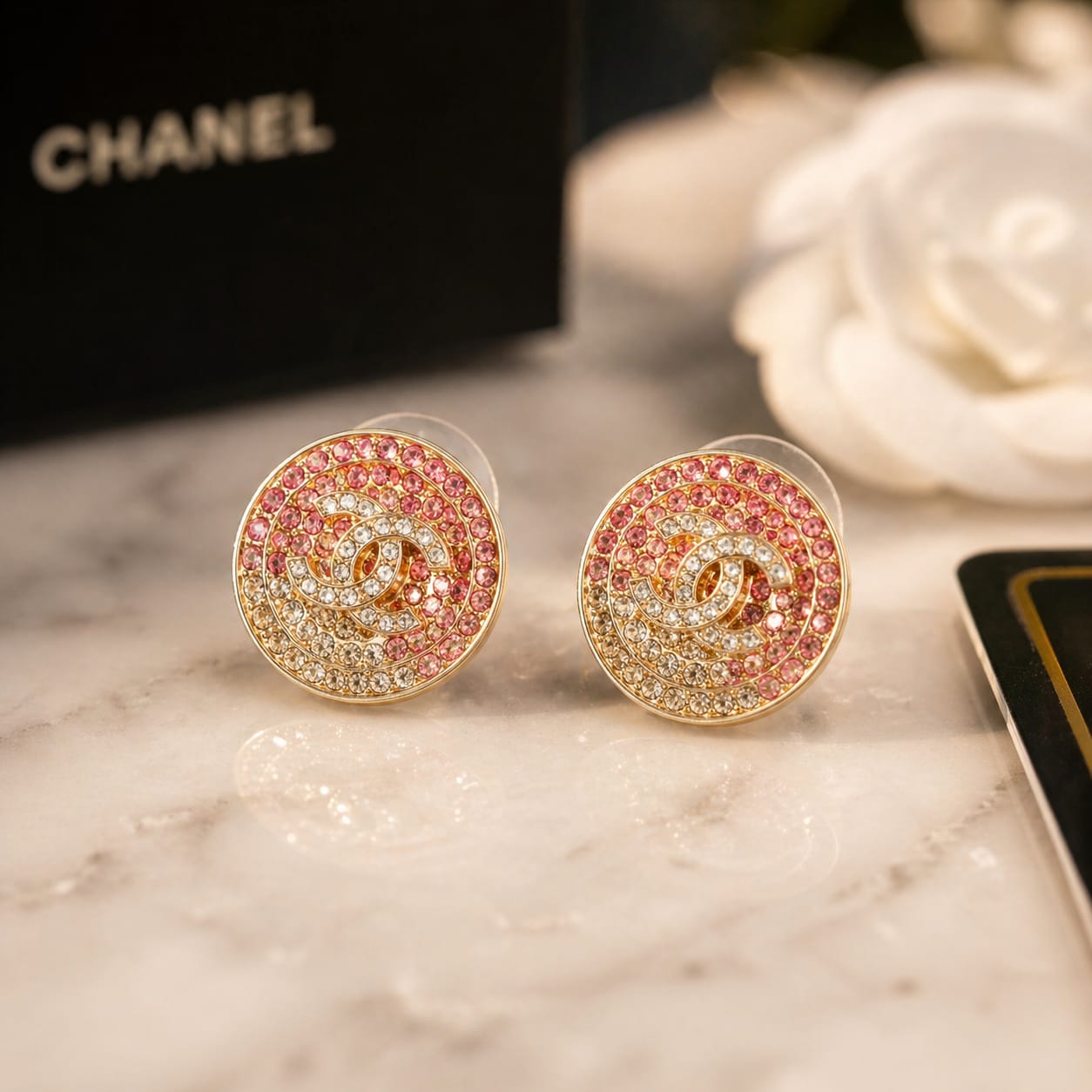 Round Crystal Stud Earrings with Pink & Gold Detailing