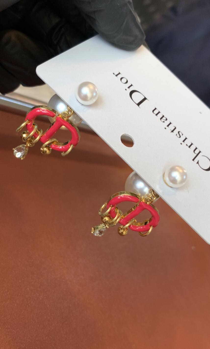 Pearl Drop Earrings with Pink Enamel Charm Detail