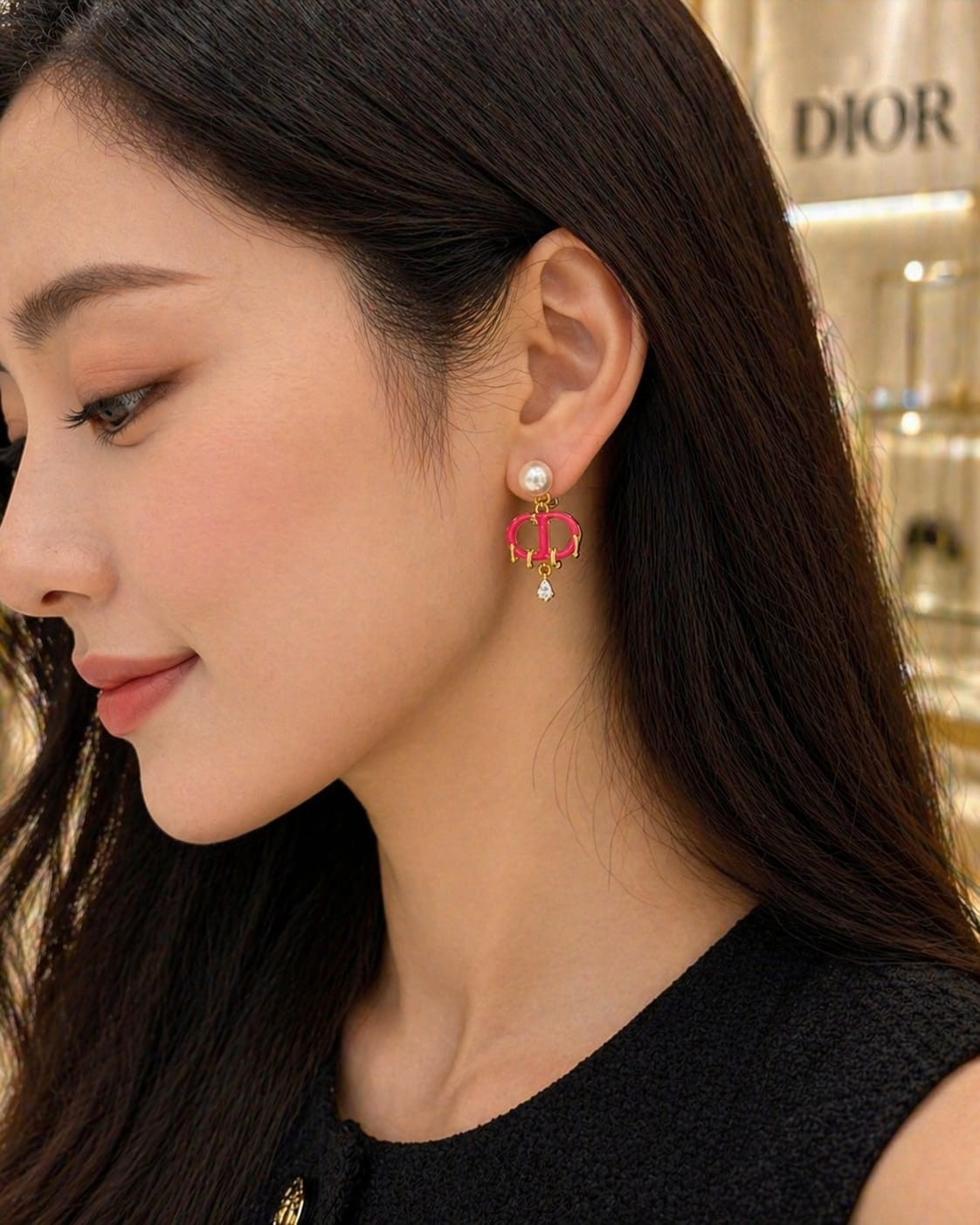 Pearl Drop Earrings with Pink Enamel Charm Detail