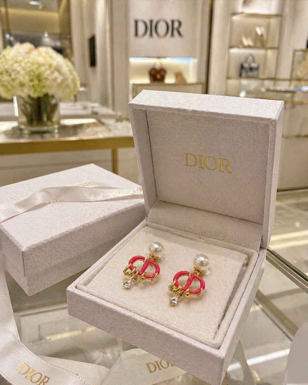 Pearl Drop Earrings with Pink Enamel Charm Detail
