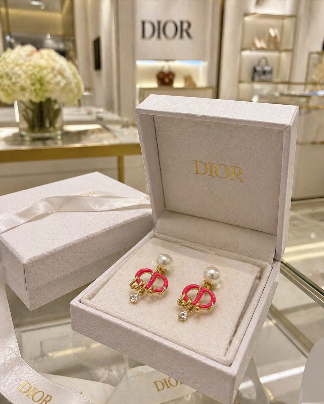 Pearl Drop Earrings with Pink Enamel Charm Detail