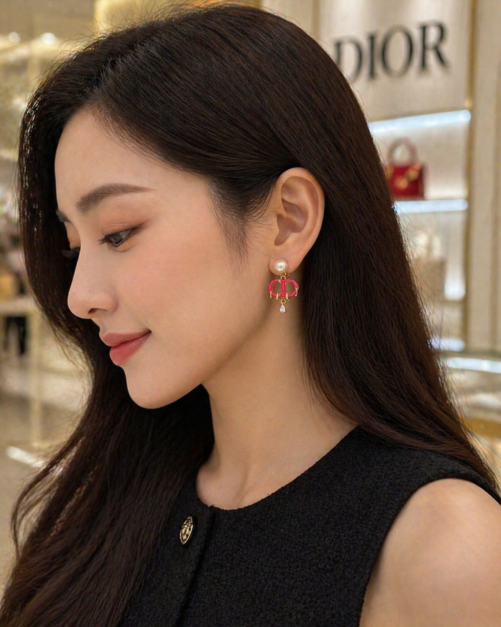 Pearl Drop Earrings with Pink Enamel Charm Detail
