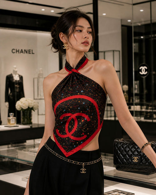 Black Silk Scarf with Celestial Print and Red Border
