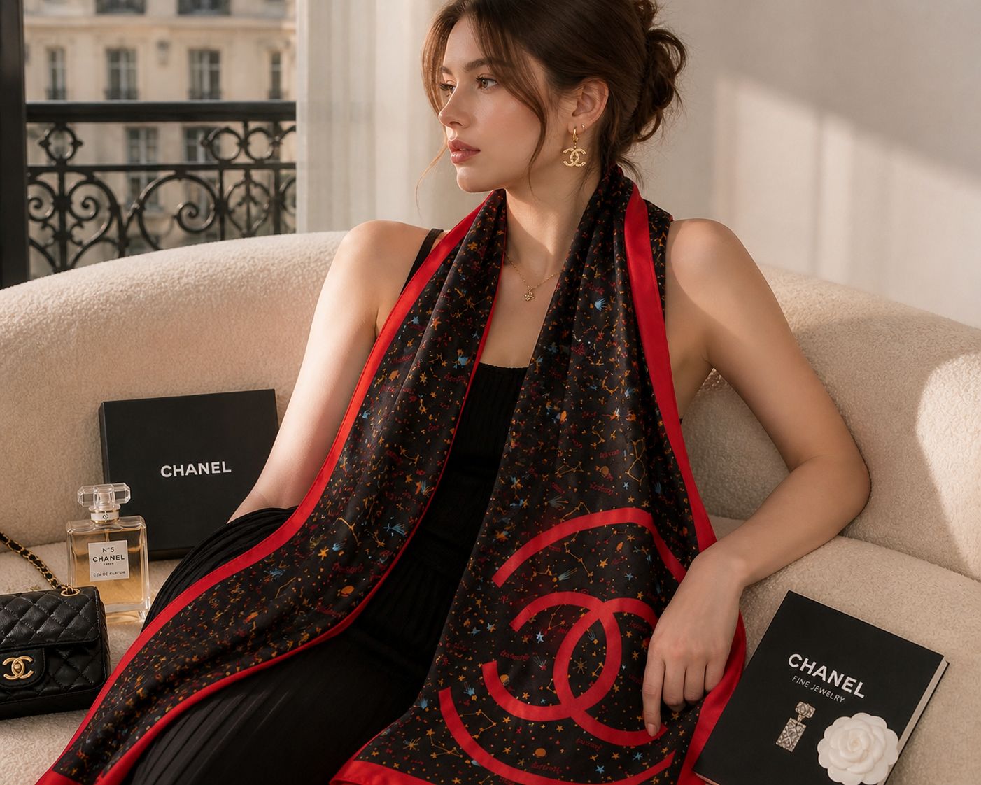 Black Silk Scarf with Celestial Print and Red Border
