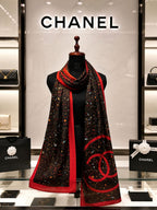 Black Silk Scarf with Celestial Print and Red Border
