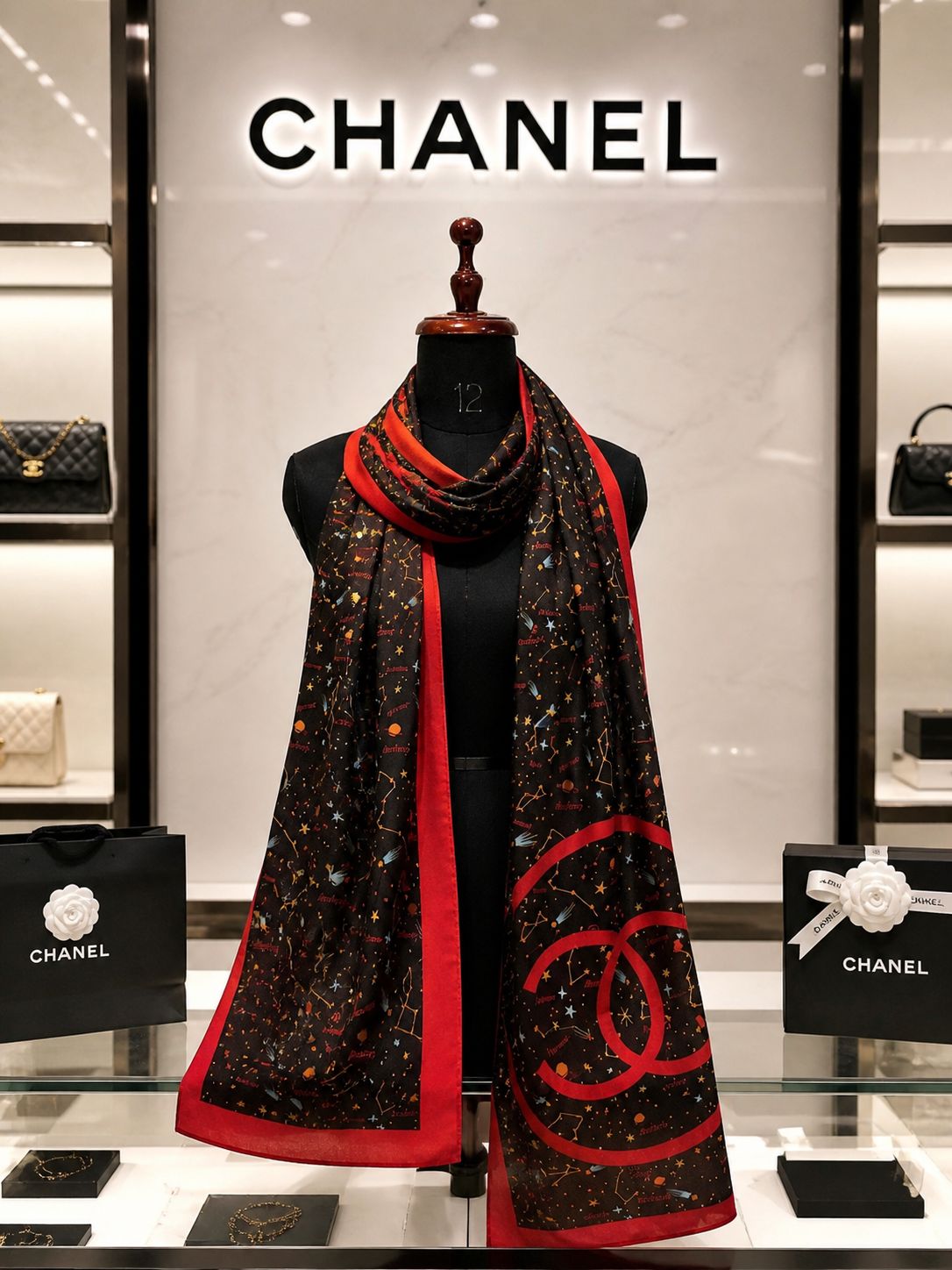 Black Silk Scarf with Celestial Print and Red Border