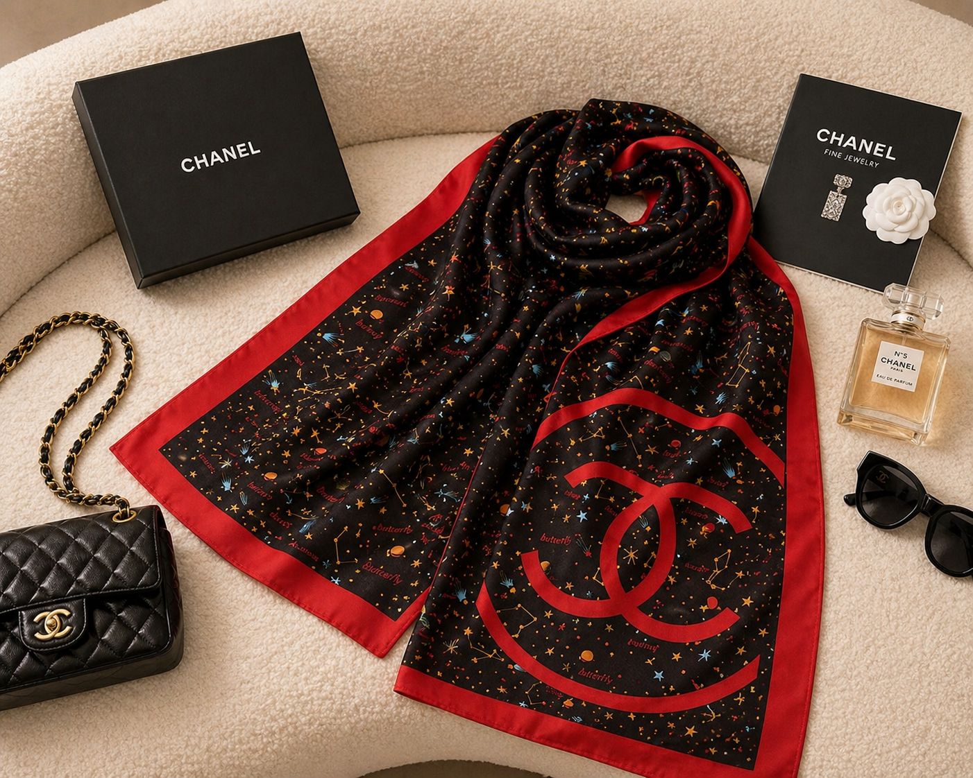 Black Silk Scarf with Celestial Print and Red Border