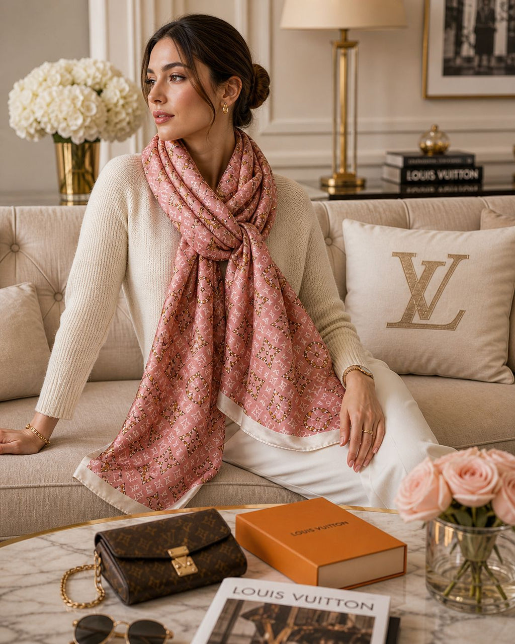 Printed Silk Scarf in Soft Pink with Monogram Pattern