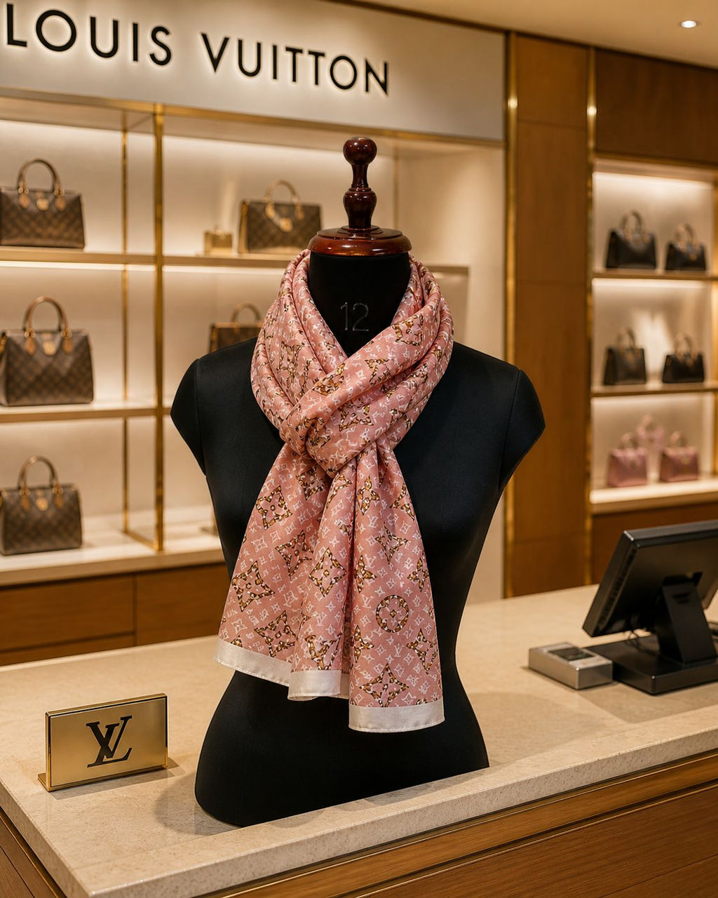 Printed Silk Scarf in Soft Pink with Monogram Pattern