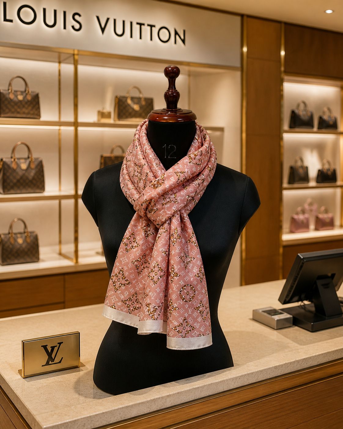 Printed Silk Scarf in Soft Pink with Monogram Pattern