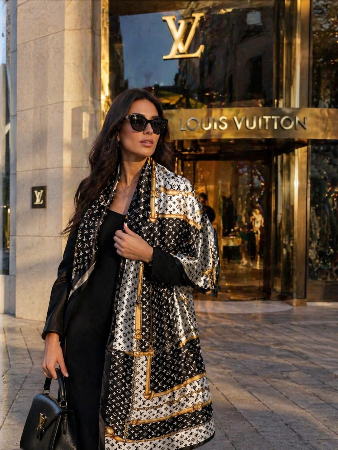 Elegant Monogram Print Silk-Feel Scarf – Dual Tone Statement Wrap for Women