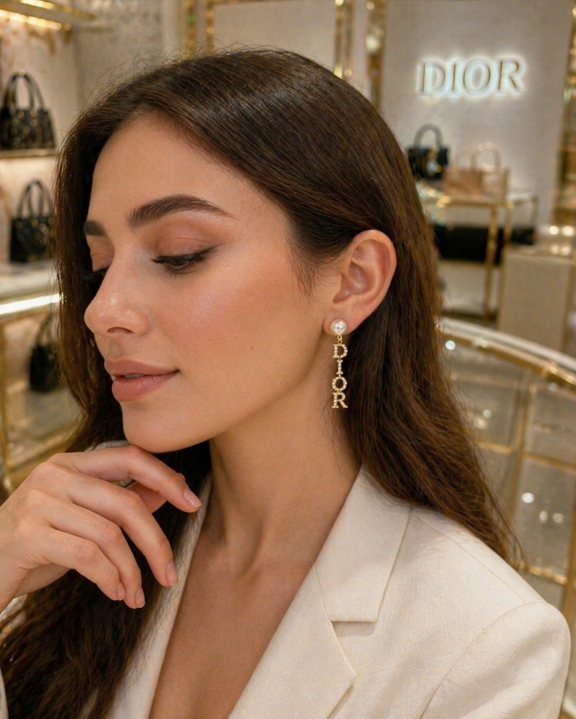 Elegant Gold-Tone Pearl Drop Earrings with Letter Charm Design