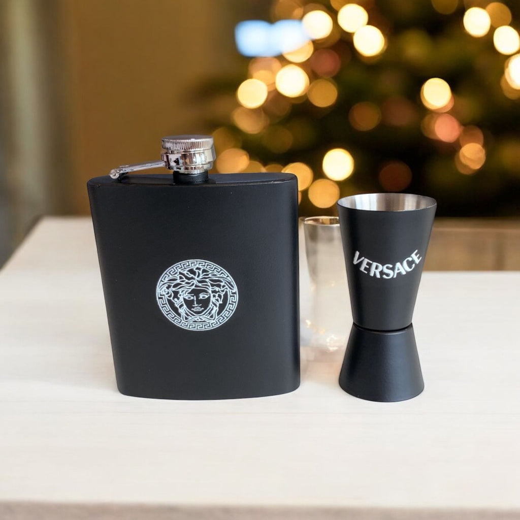 Luxury Matte Black Flask & Shot Glass Travel Set – Designer-Inspired Barware Kit