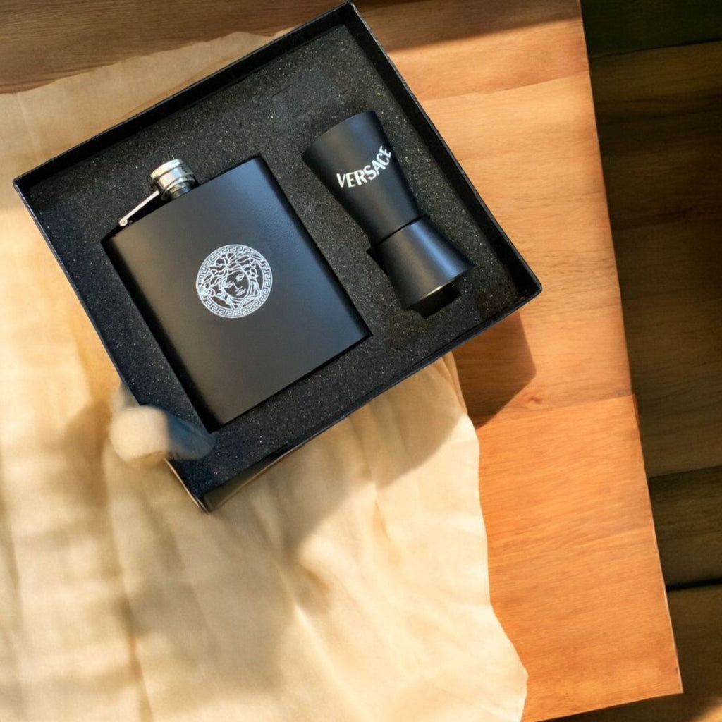 Luxury Matte Black Flask & Shot Glass Travel Set – Designer-Inspired Barware Kit
