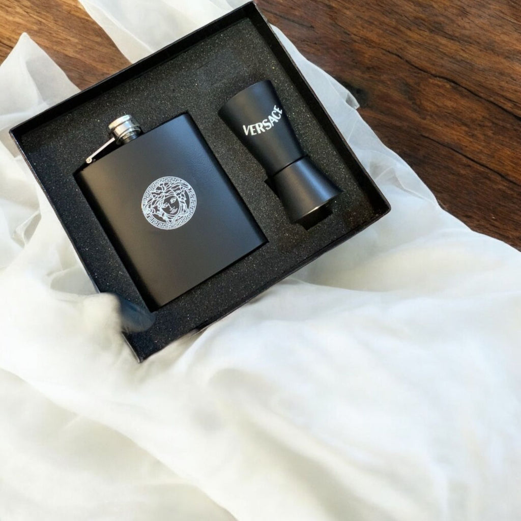 Luxury Matte Black Flask & Shot Glass Travel Set – Designer-Inspired Barware Kit