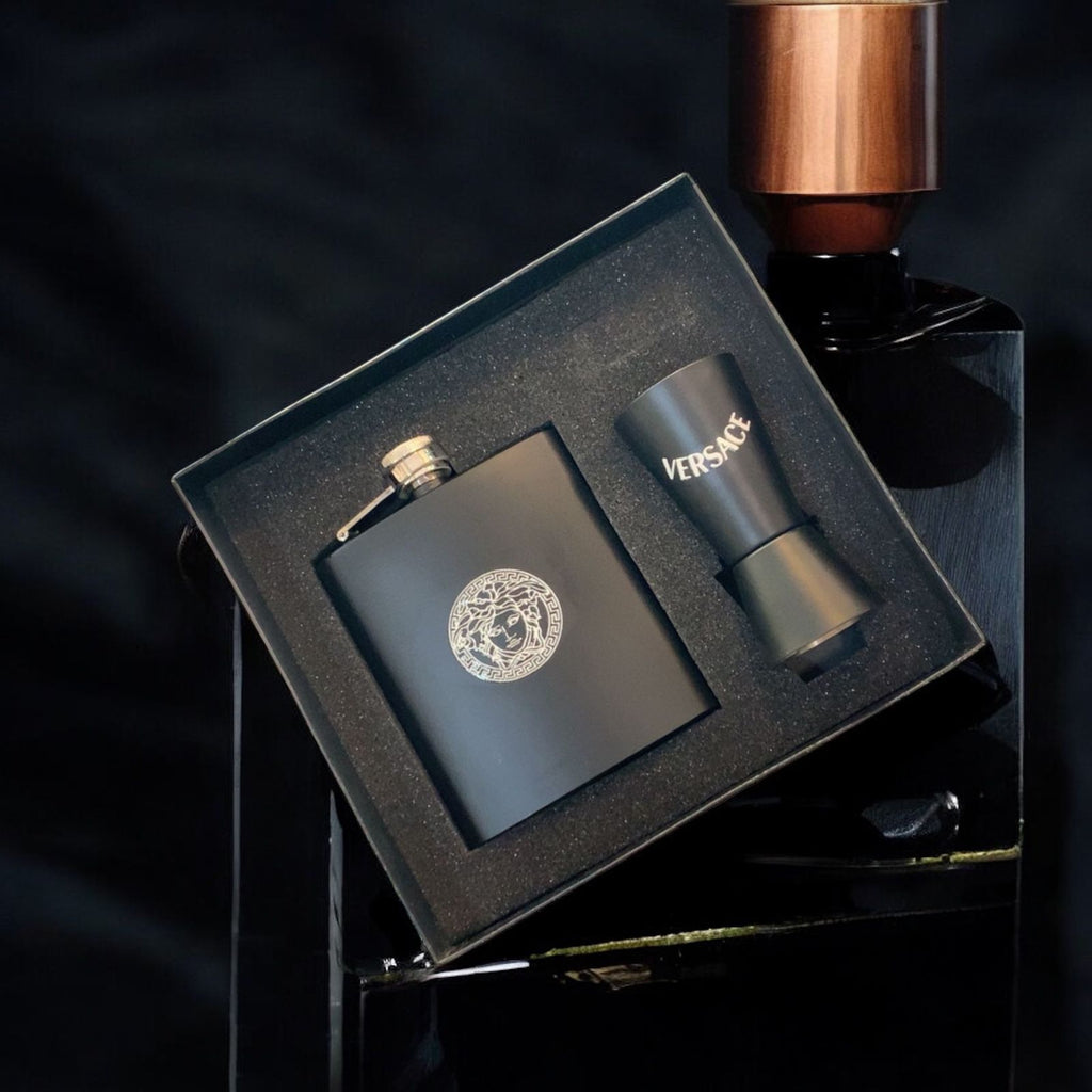Luxury Matte Black Flask & Shot Glass Travel Set – Designer-Inspired Barware Kit