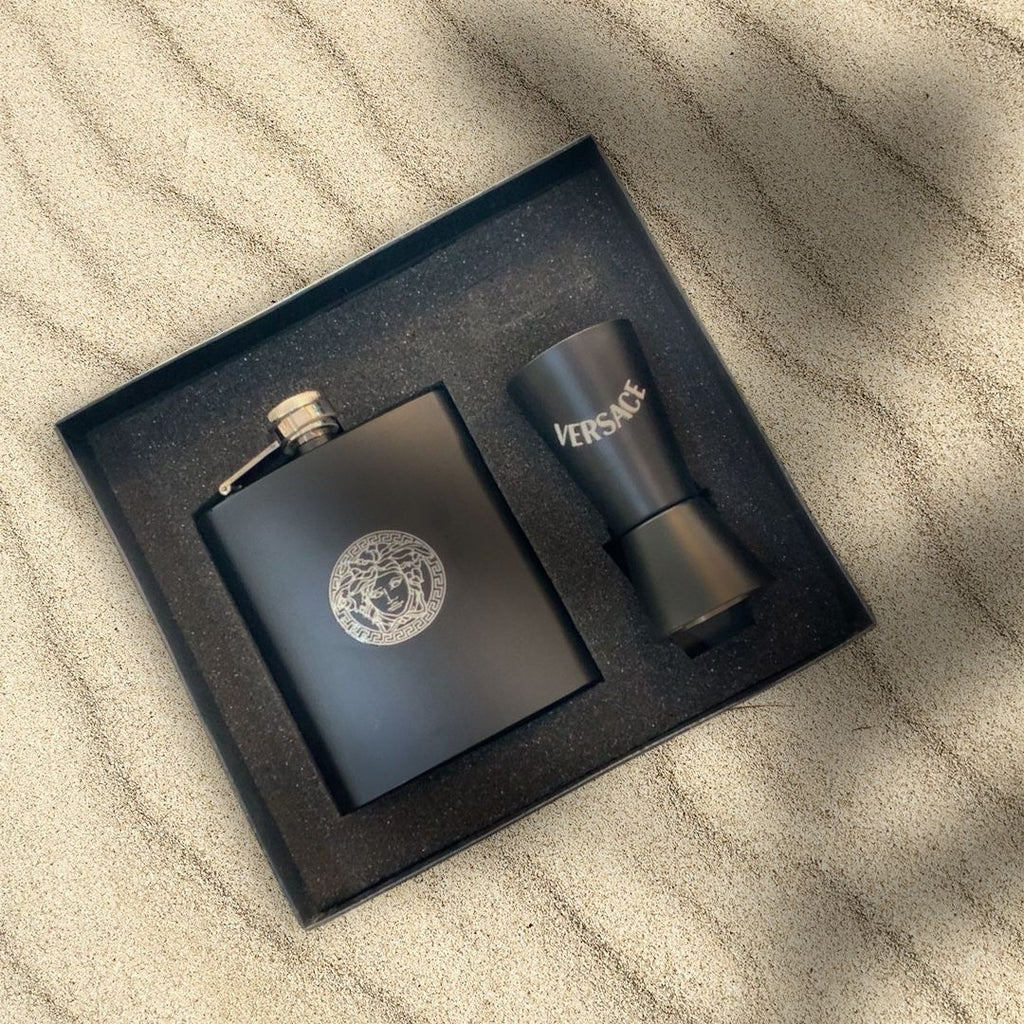Luxury Matte Black Flask & Shot Glass Travel Set – Designer-Inspired Barware Kit