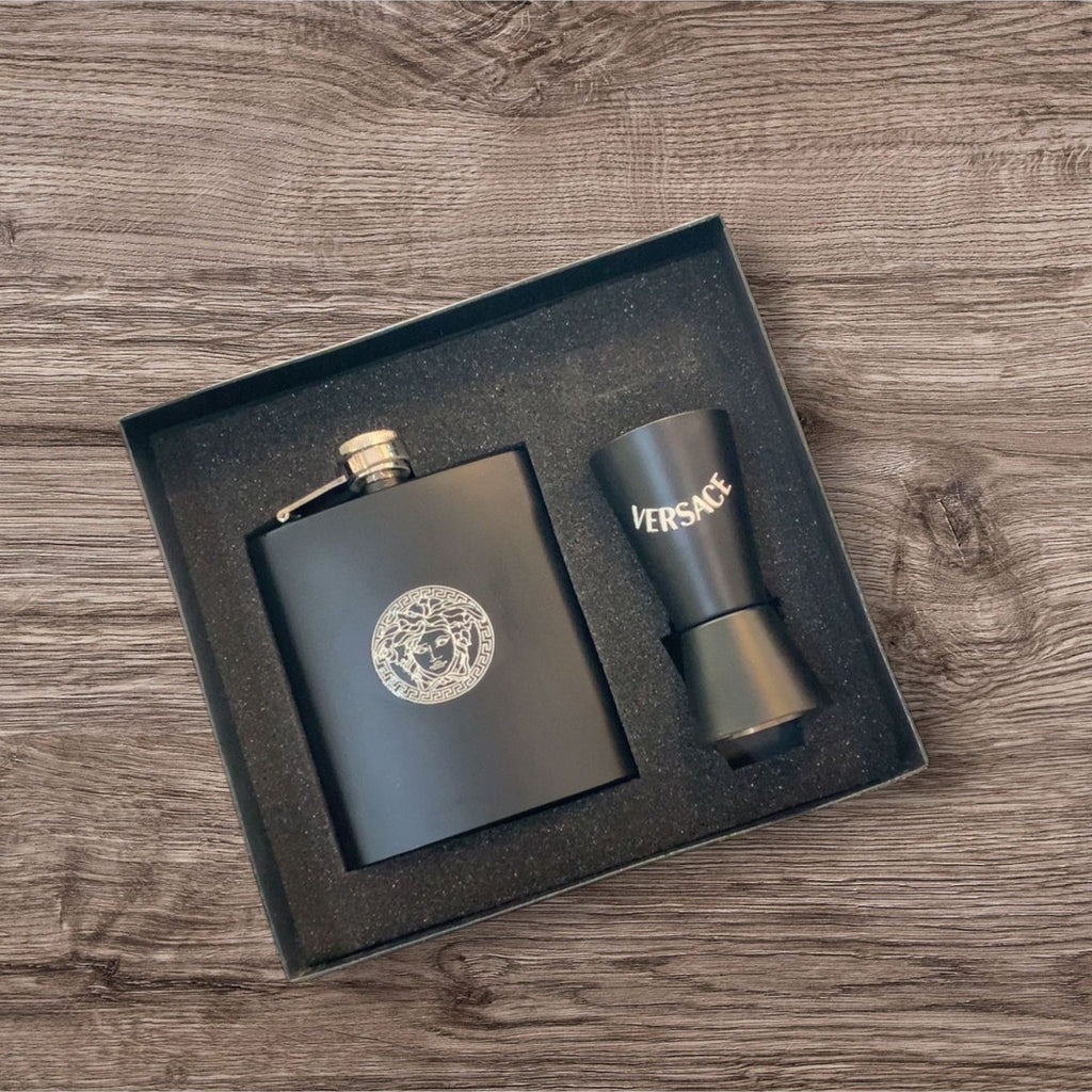 Luxury Matte Black Flask & Shot Glass Travel Set – Designer-Inspired Barware Kit
