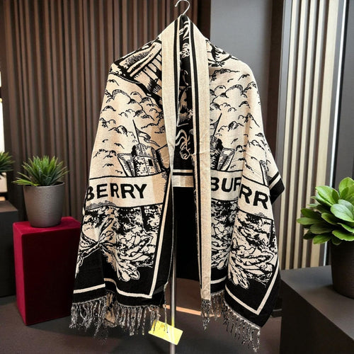 Burberry-Style Winter Stole – Premium Wool Blend | Black & Cream