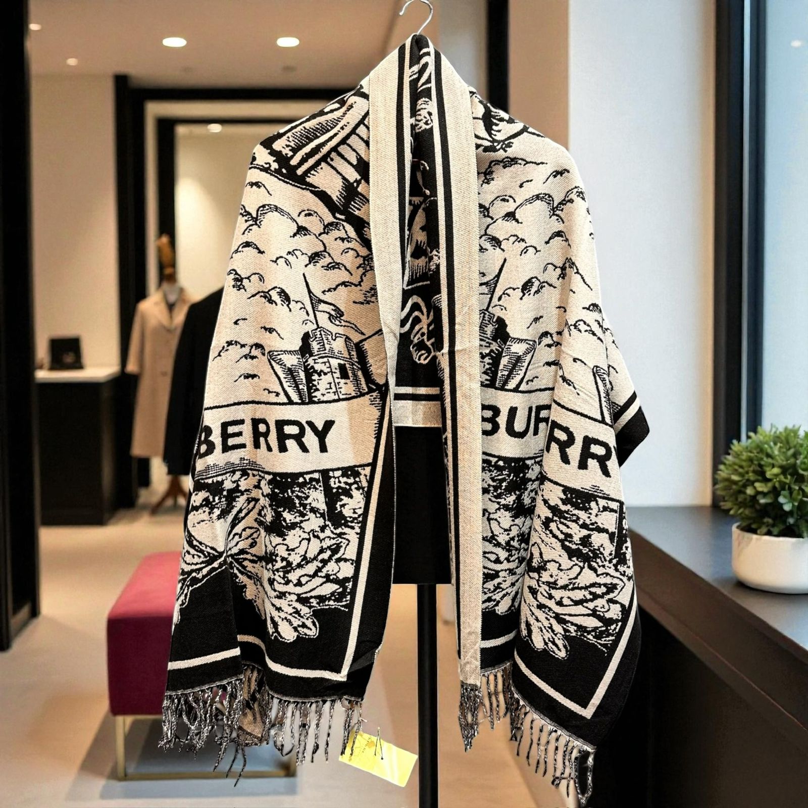Burberry-Style Winter Stole – Premium Wool Blend | Black & Cream