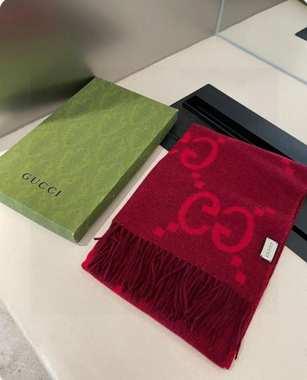 Luxury Designer Edition Partywear Muffler – Red Monogram Wool Blend