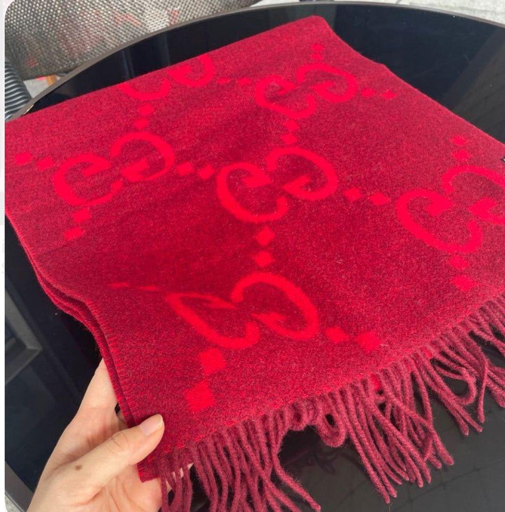 Luxury Designer Edition Partywear Muffler – Red Monogram Wool Blend
