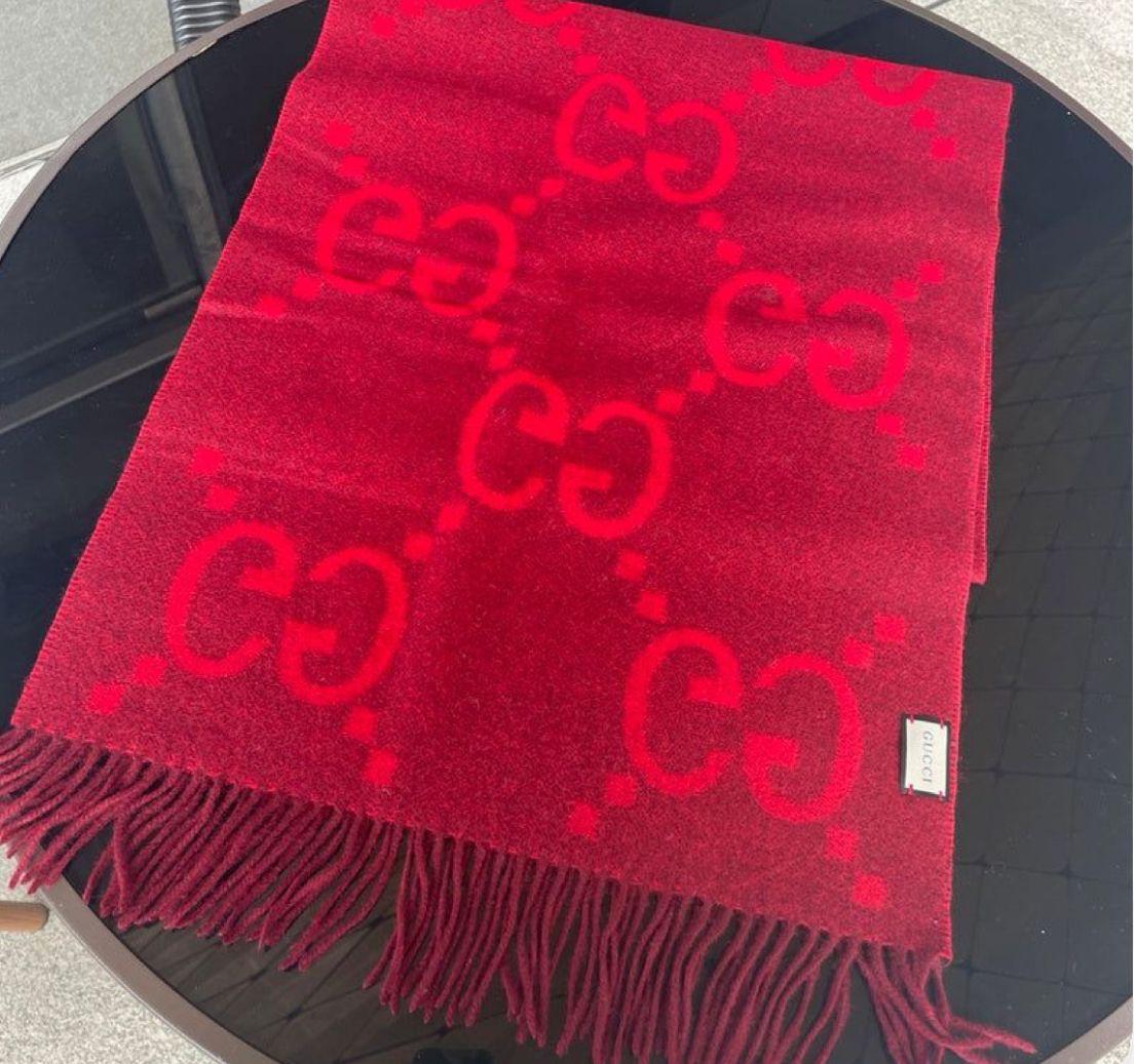 Luxury Designer Edition Partywear Muffler – Red Monogram Wool Blend