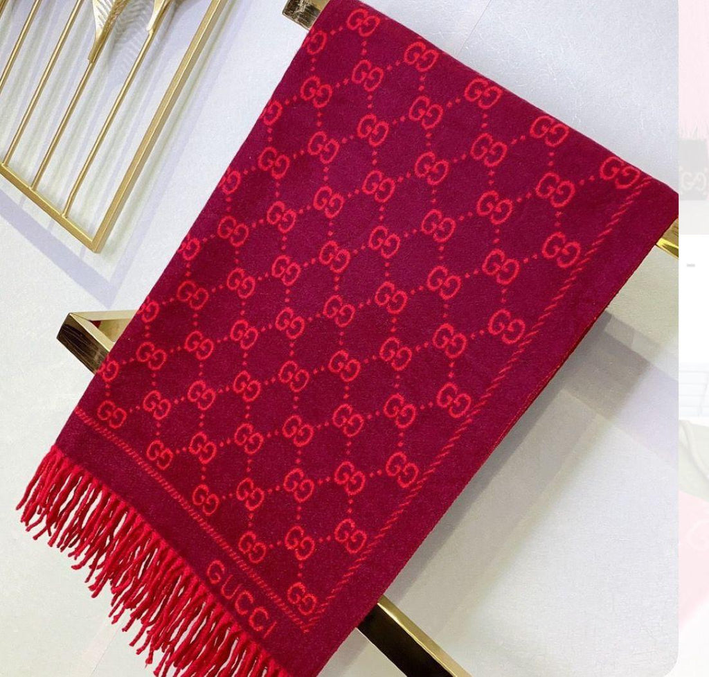 Luxury Designer Edition Partywear Muffler – Red Monogram Wool Blend
