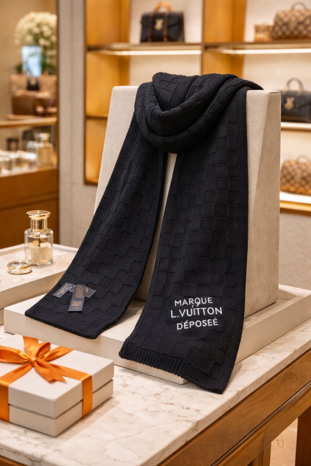 Textured Knit Winter Scarf with Minimal Script Detail