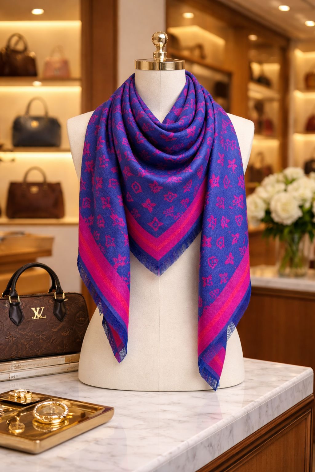Luxury Monogram Style Wool Blend Stole for Women