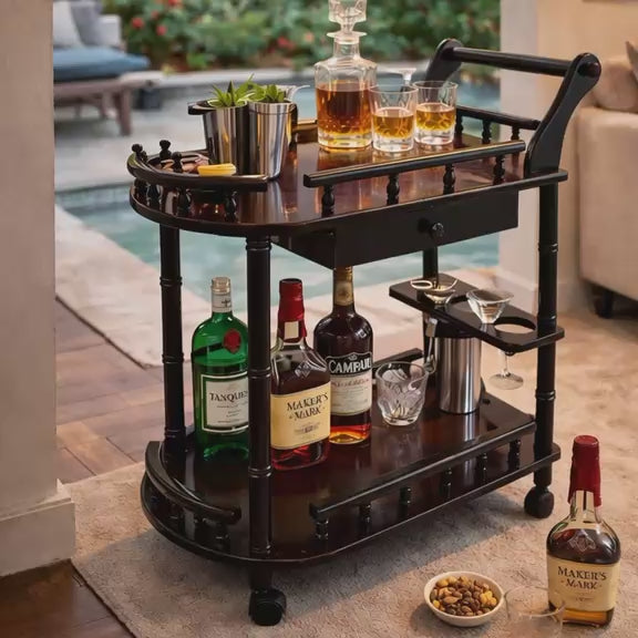 Premium Wooden Bar Trolley with Wheels – Elegant Serving Cart with Storage